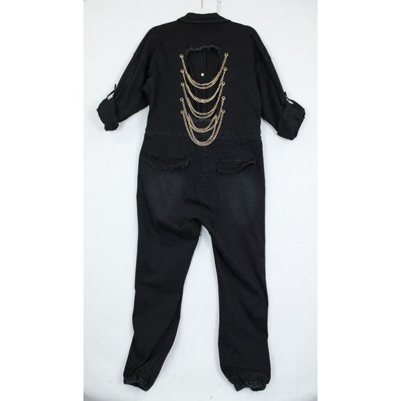American Bazi Denim Jumpsuit Women S Loose Chain‎ Cut Out Back Stretch Black - Picture 2 of 16